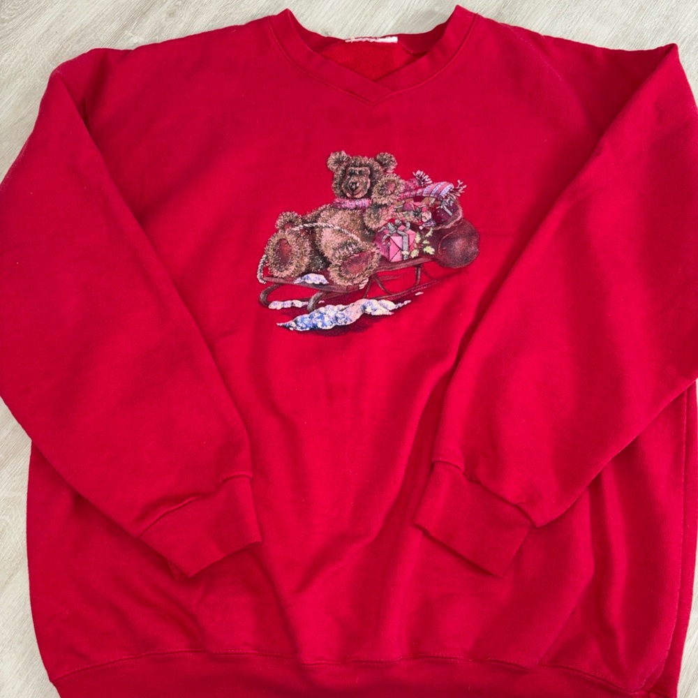 VNTG Women Northern Reflections Christmas Bear In Snow Red Pullover Sweatshirt L